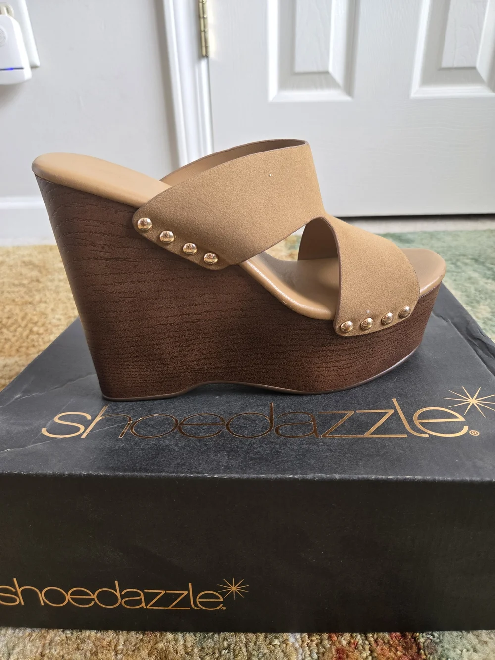 Shoe Dazzle Tan Suede Platform Wedge Sandals